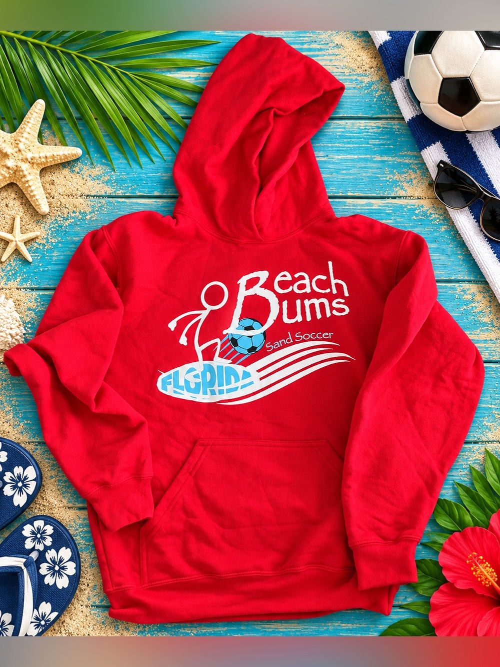 Beach Bums Sand Soccer Florida Youth Hoodie – Red – Size L